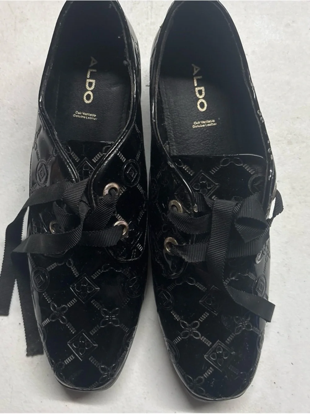 Aldo Black Patent Embossed Lace-Up Flats with Ribbon Ties